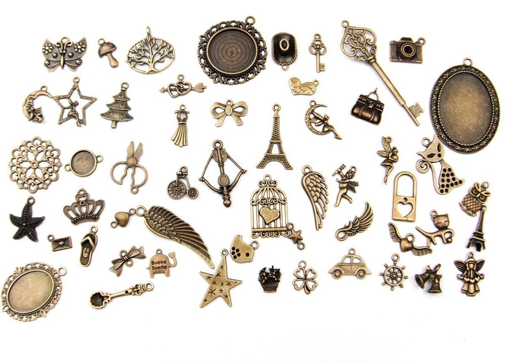 6028 ALL in ONE Mixed Antique Bronze Alloy Pendants Beads Charms Chains